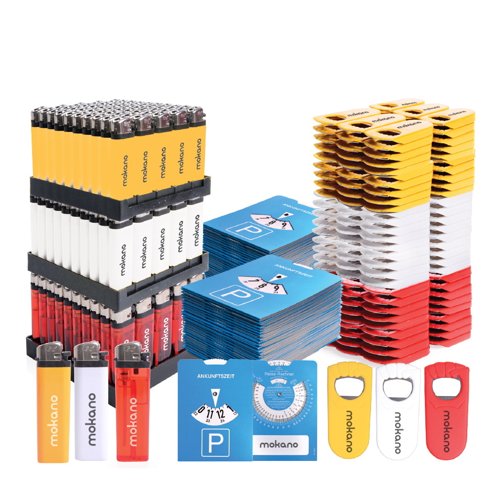 Werbeartikel Feuerzeuge, Parkscheiben, Flaschenöffner | 525 Teile inkl. Druck | 4-farbig | Werbeset, Werbegeschenk