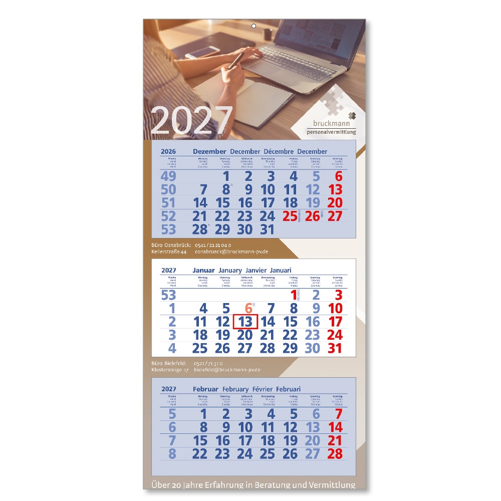 Werbeartikel 3-Monats-Blockkalender - Werbedruck auf Rückwand inklusive