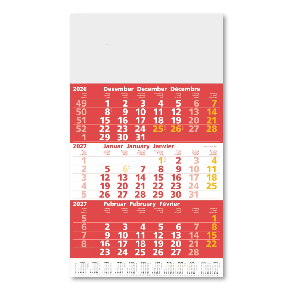 Werbeartikel 3-Monatskalender rot Ausführung ohne Werbedruck