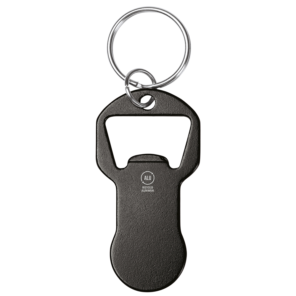 Werbeartikel Einkaufswagenlöser schwarz mit Flaschenöffner Aluminium