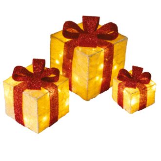 3er Set LED Geschenkboxen gold mit roter Schleife