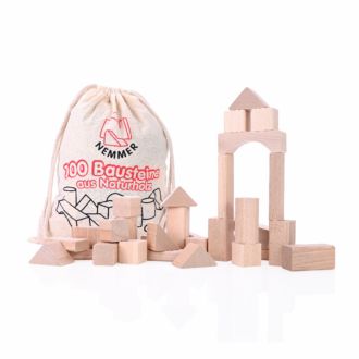 Bausteinsack 100 Holz Teile im Baumwollbeutel