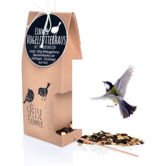 Einweg-Vogelfutterhaus mit Blaumeise