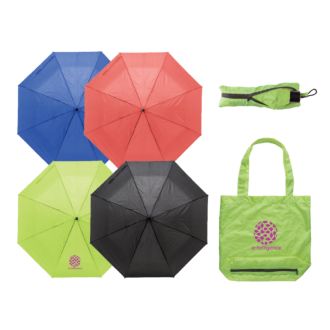 Mini-Taschenschirm im Etui mit geräumiger Einkaufstasche mit Werbedruck