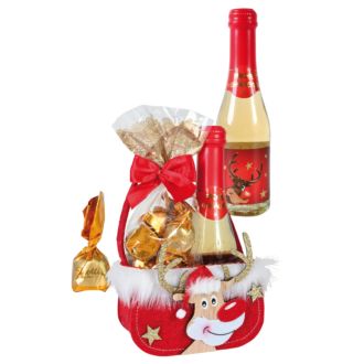Weihnachts-Präsent Täschchen Elch gefüllt m Secco 0,2l u Süßwaren 75g