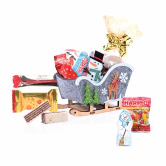 Präsent-Schlitten X-MAS aus Filz mit Holzkufen, gefüllt mit Süßwaren