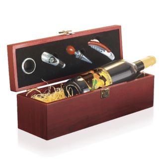 Edle Holzkiste für Wein, mit 1 Flasche Rotwein und Flaschenzubehör