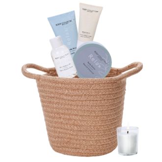 Geschenkeset Hanfseil Körbchen m Pflegeprodukten u Kerze