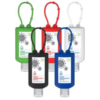 Hände-Desinfektionsmittel 50ml mit Bumper, Flasche mit Klappdeckel 83 % Ethanol