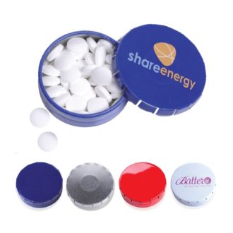 Pfefferminz Pastillen in runder Klick-Metalldose, zuckerfrei, mit Werbedruck