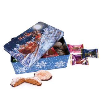 Weihnachts Gebäckdose Schlitten gefüllt m Süßware 310g
