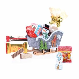 Präsent-Schlitten X-MAS aus Filz mit Holzkufen, gefüllt mit Süßwaren