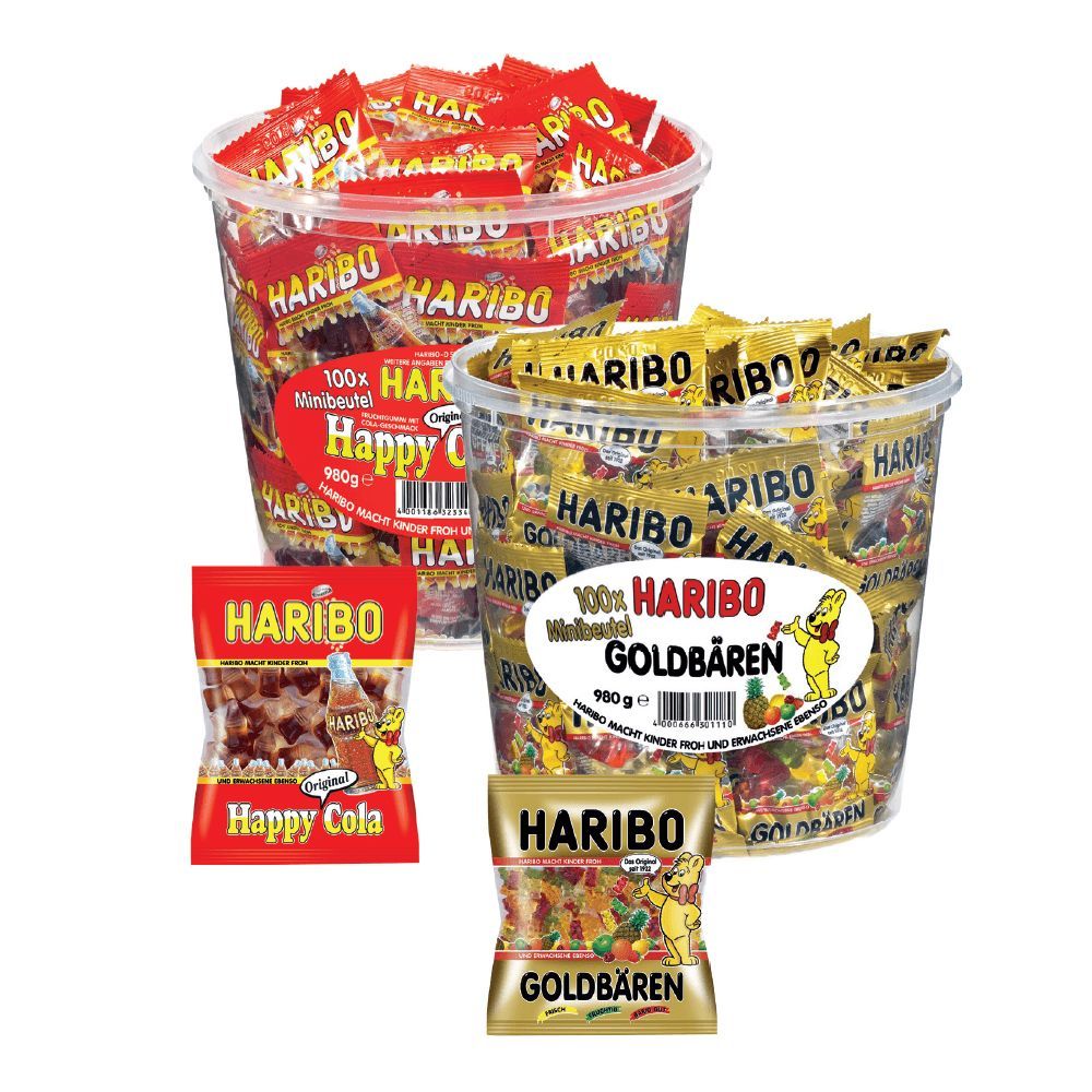 HARIBO Minibeutel, Runddose (980 g)