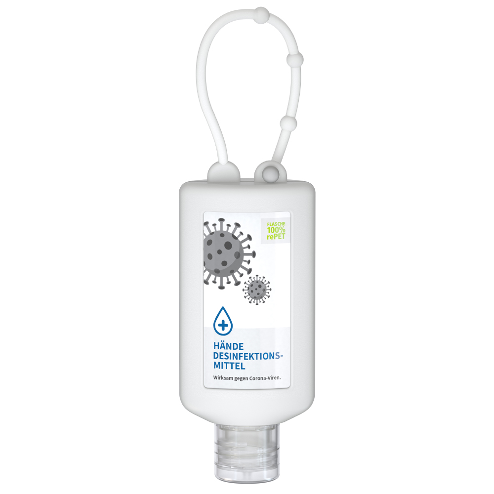 Werbeartikel Hände-Desinfektionsmittel 50ml Bumper mit Klappdeckel weiss 83 % Ethanol