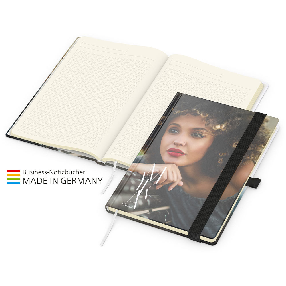 Werbeartikel Match Book A5 Creme Complete Gummiband schwarz