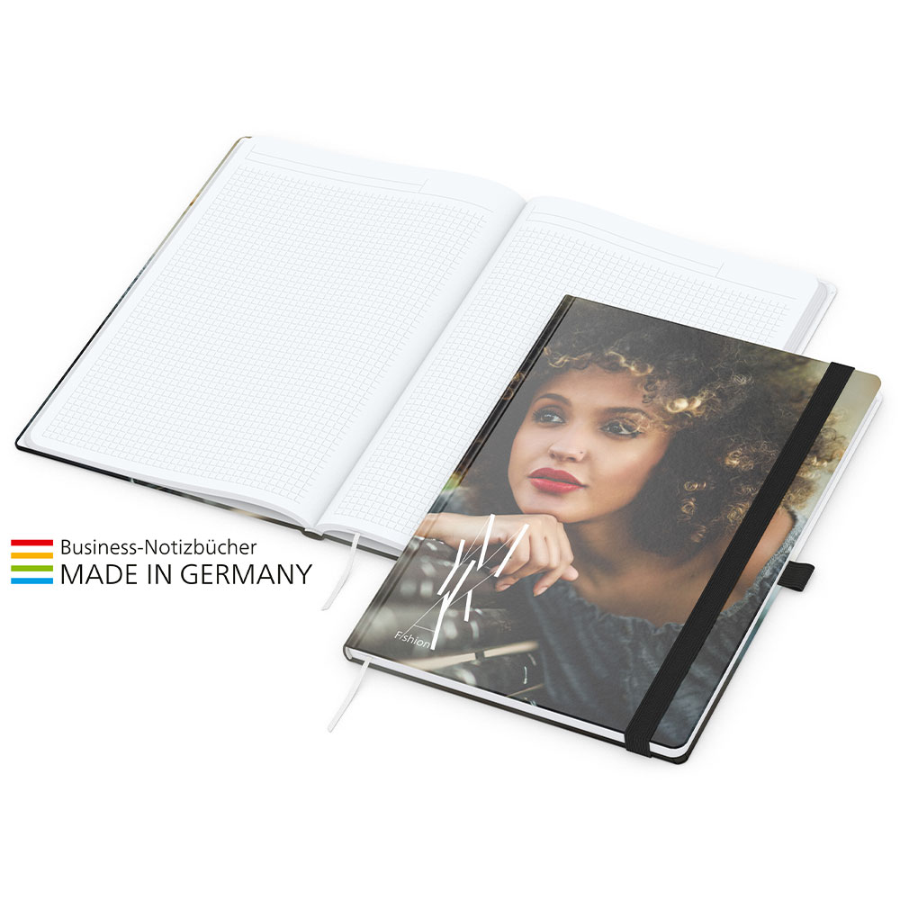 Werbeartikel Match Book A5 White Complete Gummiband schwarz
