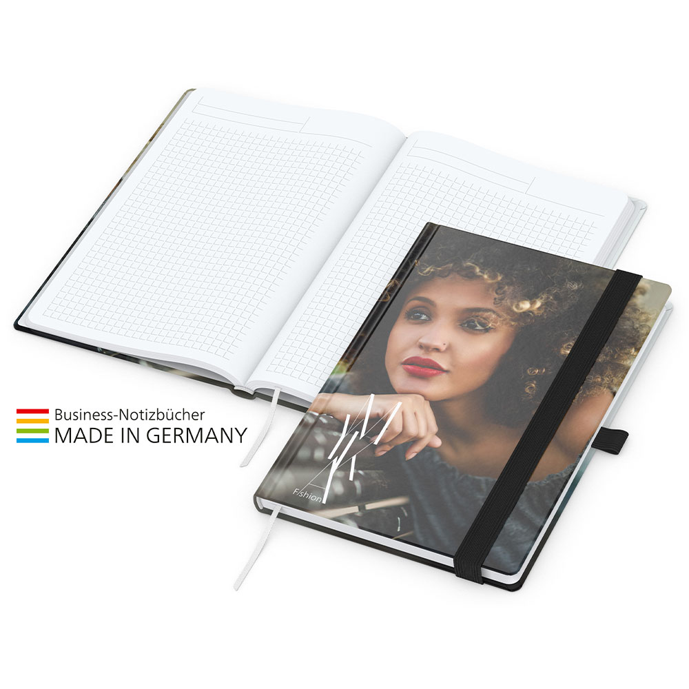 Werbeartikel Match Book A4 White Complete Gummiband schwarz
