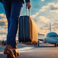 Person mit Koffer auf dem Weg ins Flugzeug