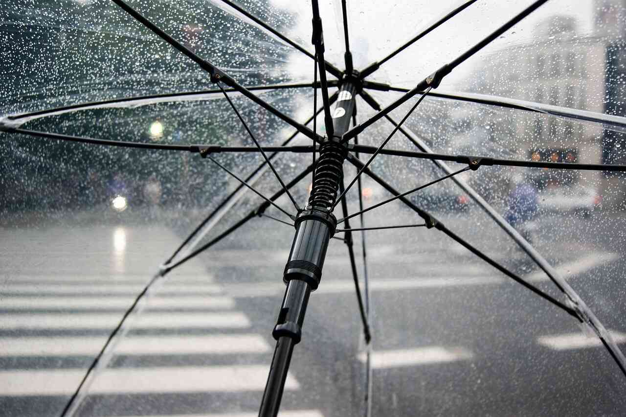 Gestänge eines modernen Regenschirms mit transparentem Regenschutz.